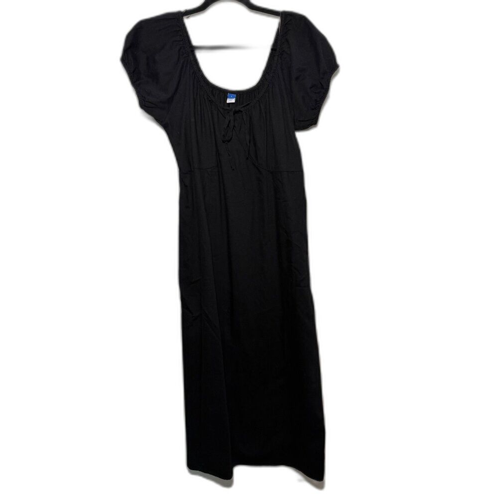 Old Navy Black Cotton Midi Dress Puff Sleeve Tie Front